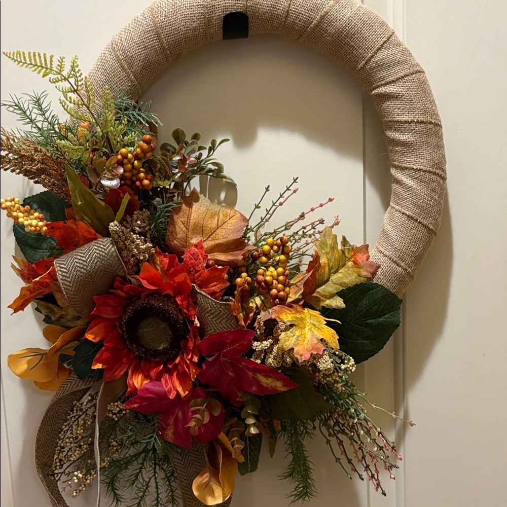 Autumn Harvest Wreath with Sunflowers and Leaves